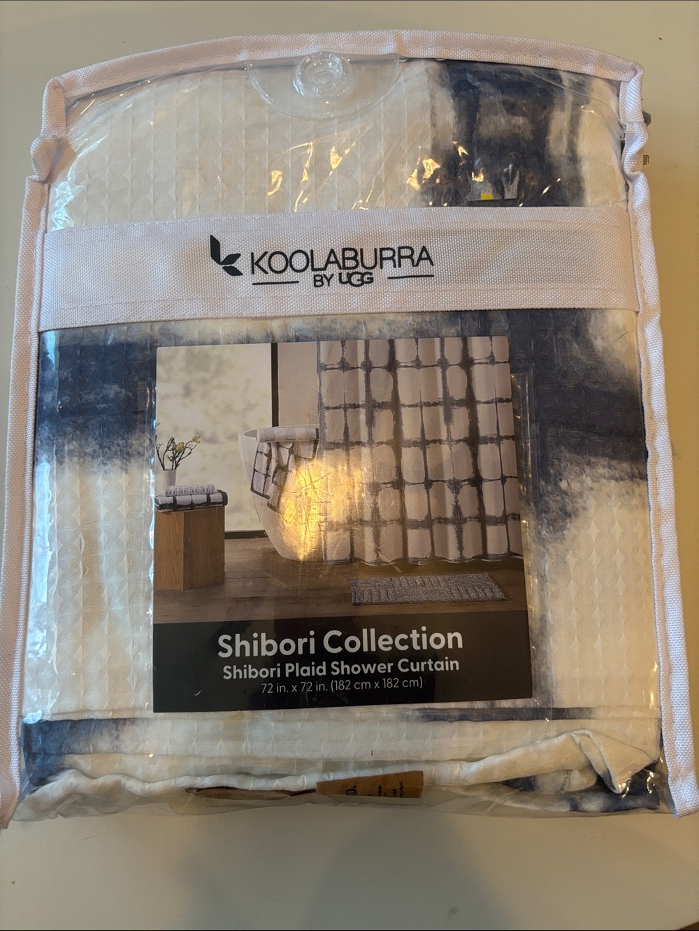 Koolaburra Shibori Plaid Shower Curtain - White & Navy Blue
